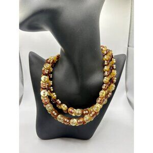 Brown Amber Button Necklace Pearl Accents Handmade?